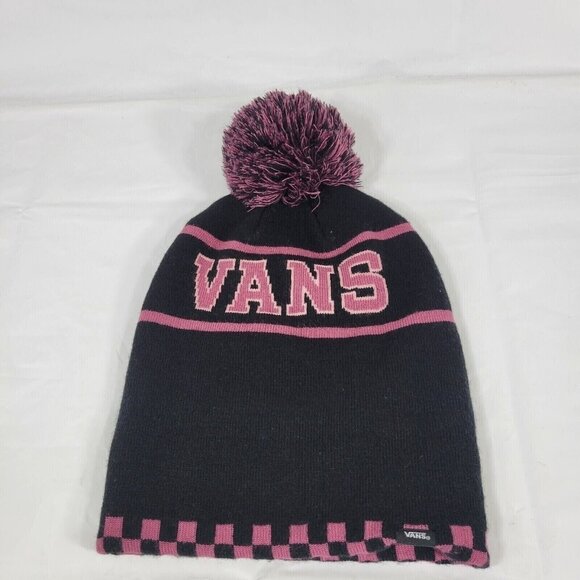 Vans Beanie Hat Adult One Size Pom Check Stripe Pink Skater Casual Warm Winter - Picture 3 of 6
